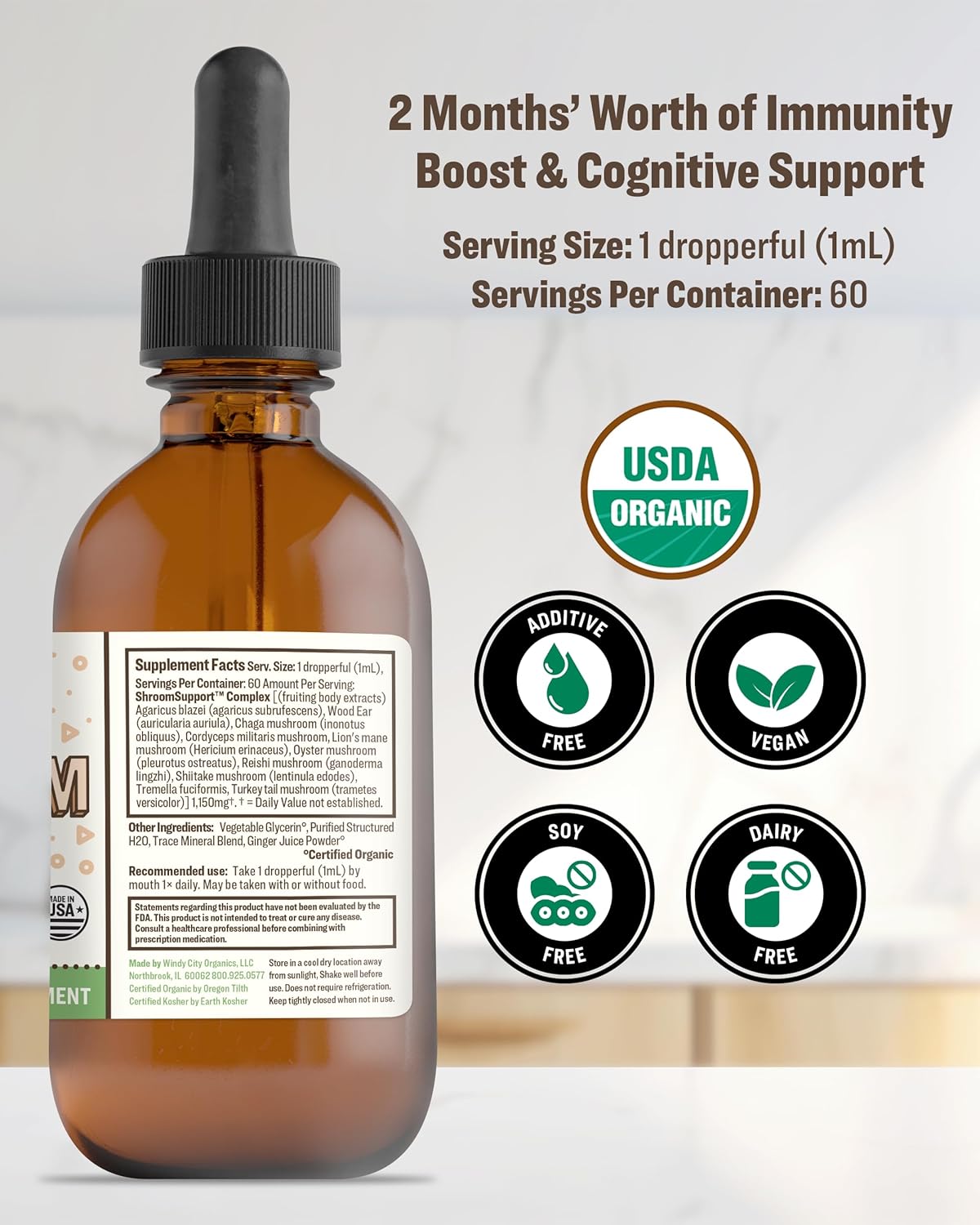 RawGuru Organic Mushroom Complex Tincture - Immune & Cognitive Support Supplement - Vegan Drops - 60 Servings