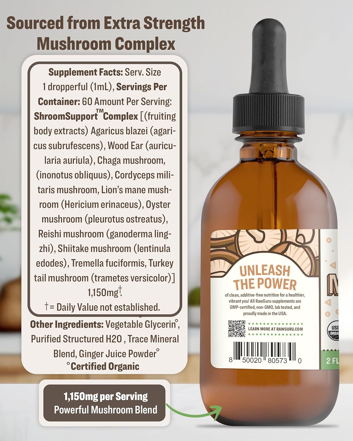 RawGuru Organic Mushroom Complex Tincture - Immune & Cognitive Support Supplement - Vegan Drops - 60 Servings