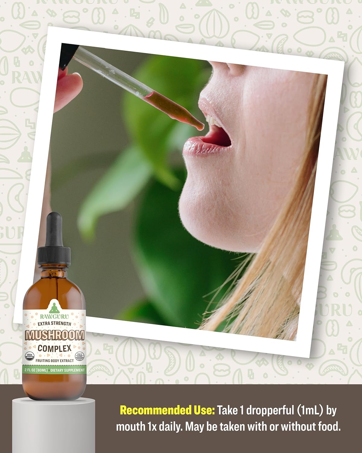 RawGuru Organic Mushroom Complex Tincture - Immune & Cognitive Support Supplement - Vegan Drops - 60 Servings