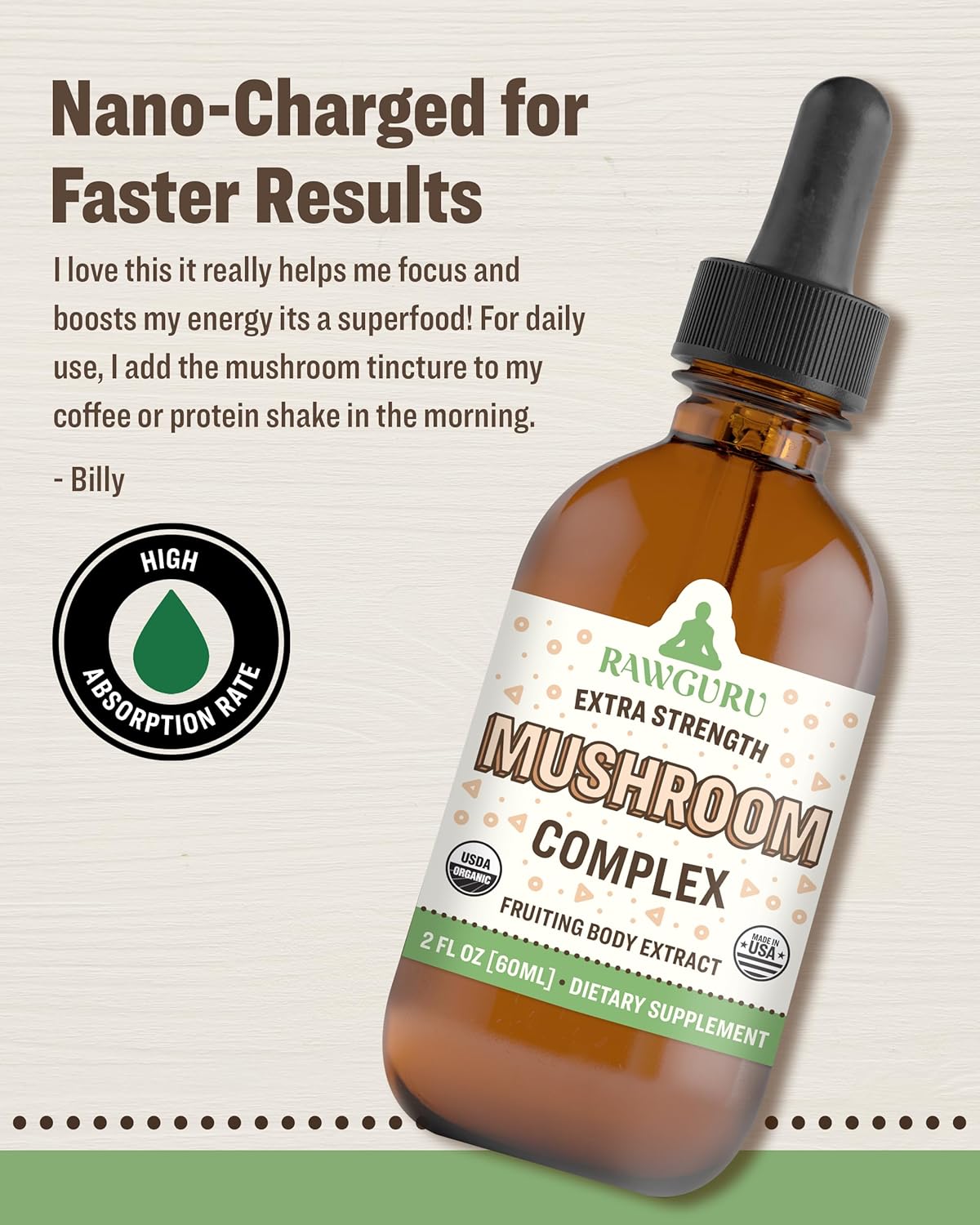 RawGuru Organic Mushroom Complex Tincture - Immune & Cognitive Support Supplement - Vegan Drops - 60 Servings