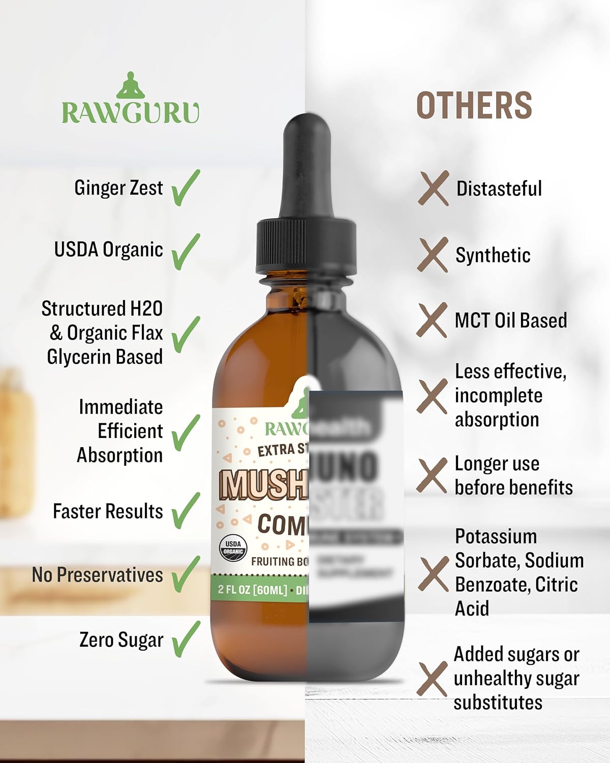 RawGuru Organic Mushroom Complex Tincture - Immune & Cognitive Support Supplement - Vegan Drops - 60 Servings
