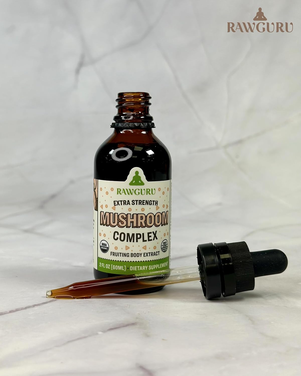 RawGuru Organic Mushroom Complex Tincture - Immune & Cognitive Support Supplement - Vegan Drops - 60 Servings