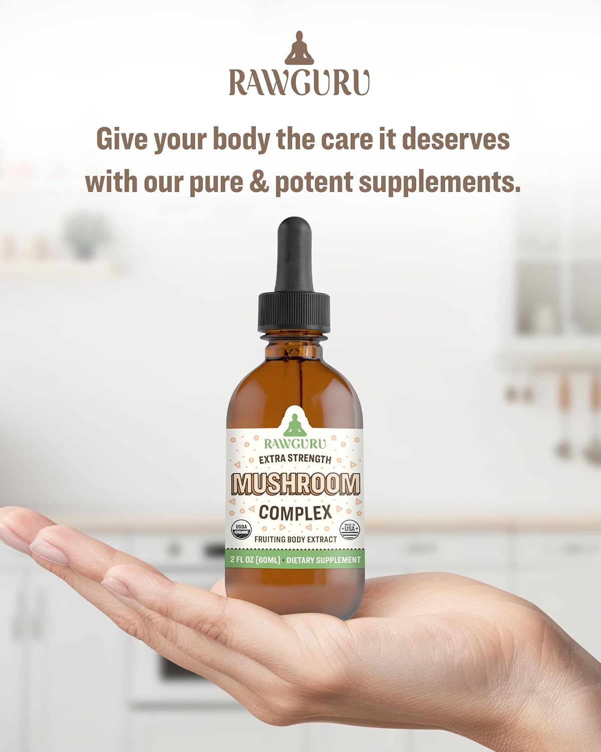 RawGuru Organic Mushroom Complex Tincture - Immune & Cognitive Support Supplement - Vegan Drops - 60 Servings
