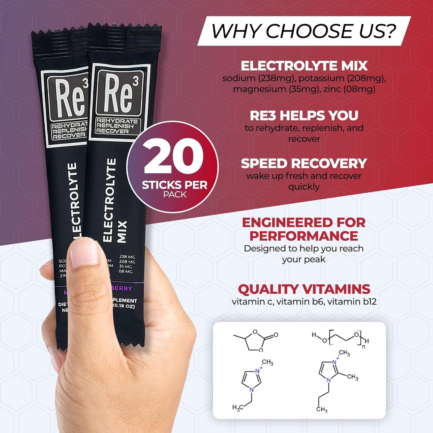 Re3 Electrolyte Powder Packets - Hydrate, Replenish, Recover - Mixed Berry Flavor - Sugar-Free, Low Calorie, Vitamin & Mineral Mix