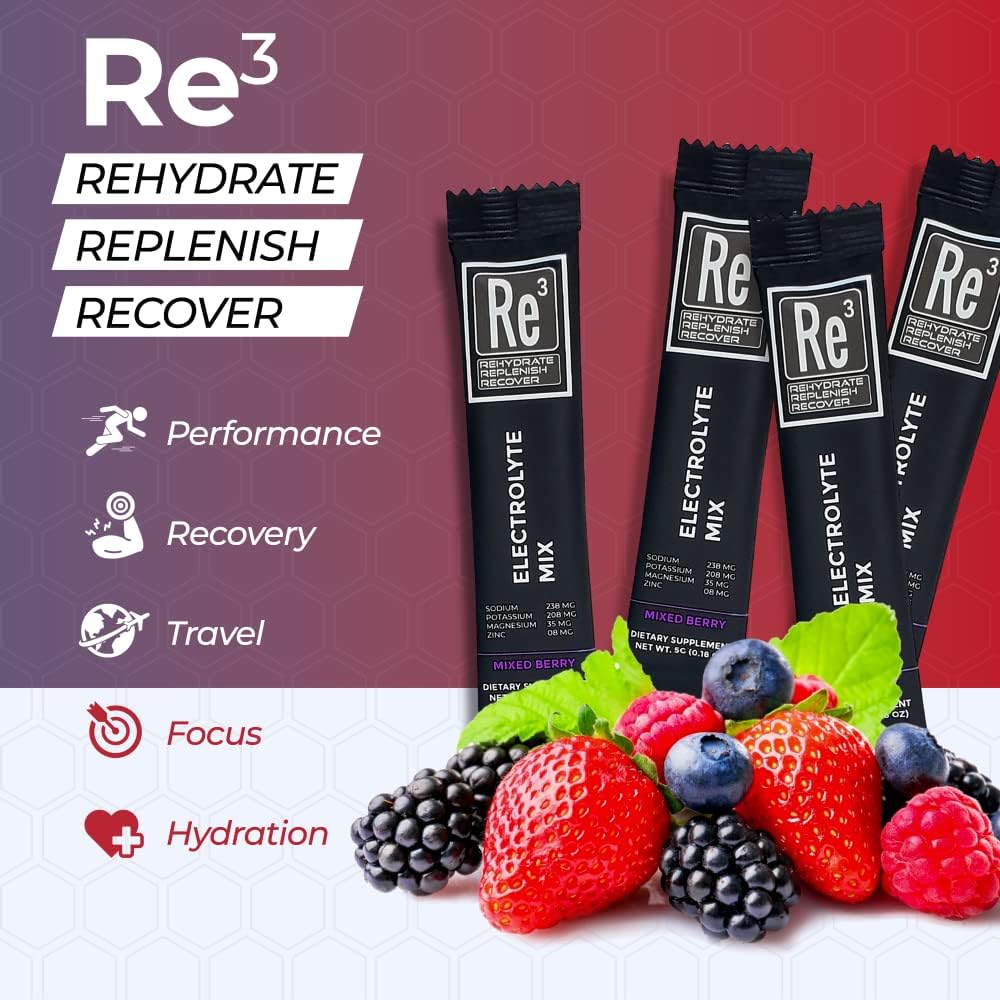 Re3 Electrolyte Powder Packets - Hydrate, Replenish, Recover - Mixed Berry Flavor - Sugar-Free, Low Calorie, Vitamin & Mineral Mix