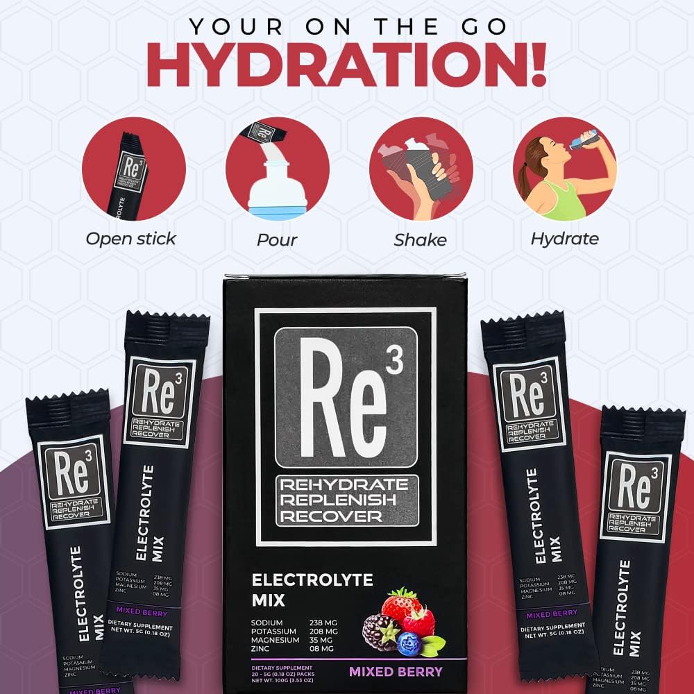 Re3 Electrolyte Powder Packets - Hydrate, Replenish, Recover - Mixed Berry Flavor - Sugar-Free, Low Calorie, Vitamin & Mineral Mix
