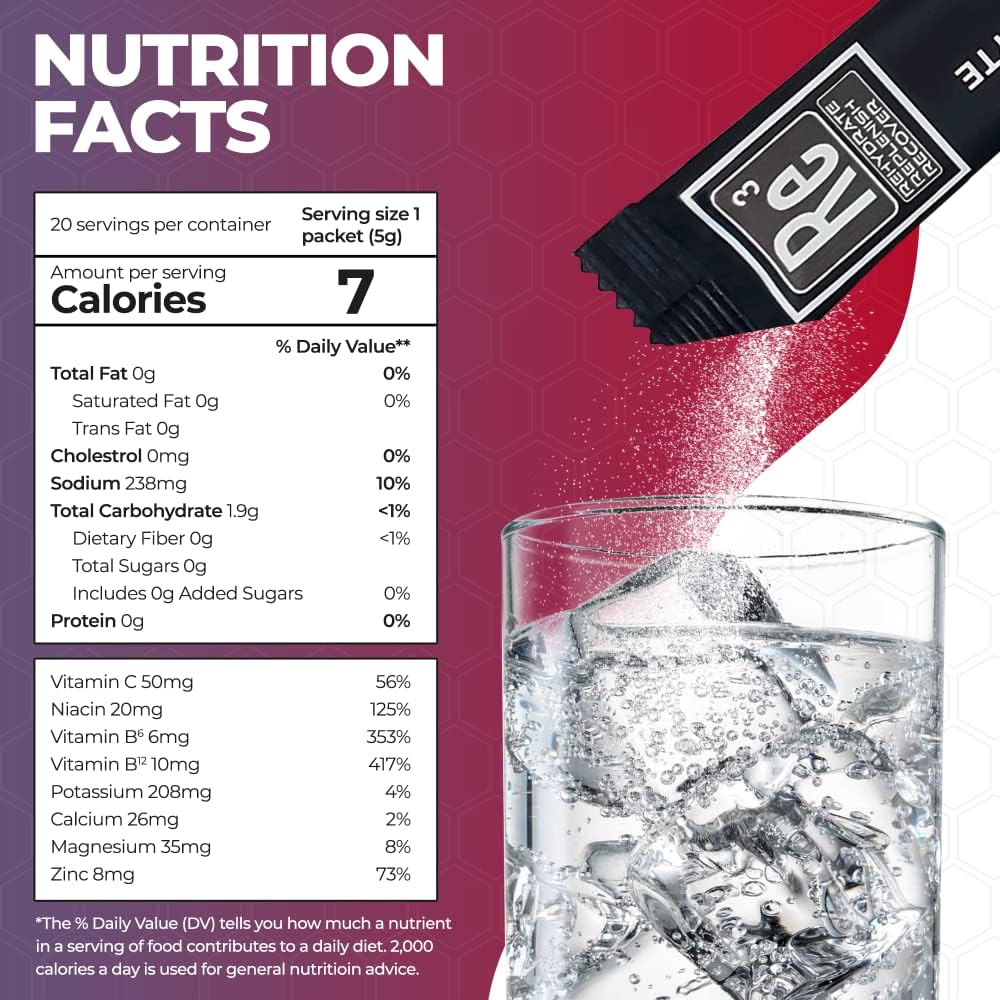 Re3 Electrolyte Powder Packets - Hydrate, Replenish, Recover - Mixed Berry Flavor - Sugar-Free, Low Calorie, Vitamin & Mineral Mix