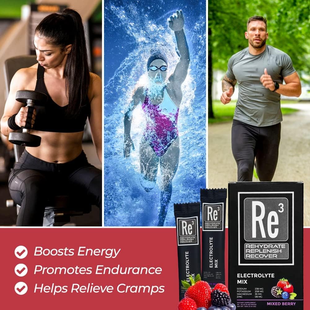 Re3 Electrolyte Powder Packets - Hydrate, Replenish, Recover - Mixed Berry Flavor - Sugar-Free, Low Calorie, Vitamin & Mineral Mix