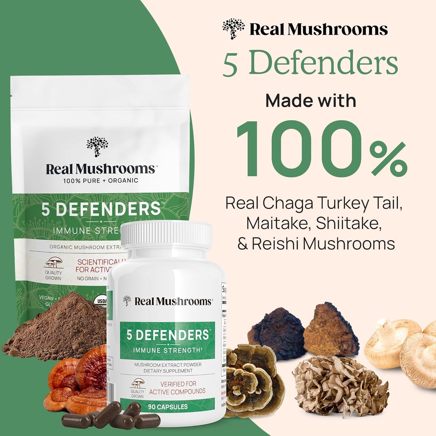 Real Mushrooms RealBoost & 5 Defenders Bundle - Mushroom Supplement for Energy, Vitality, and Immunity - Vegan & Non-GMO - 60ct & 90ct