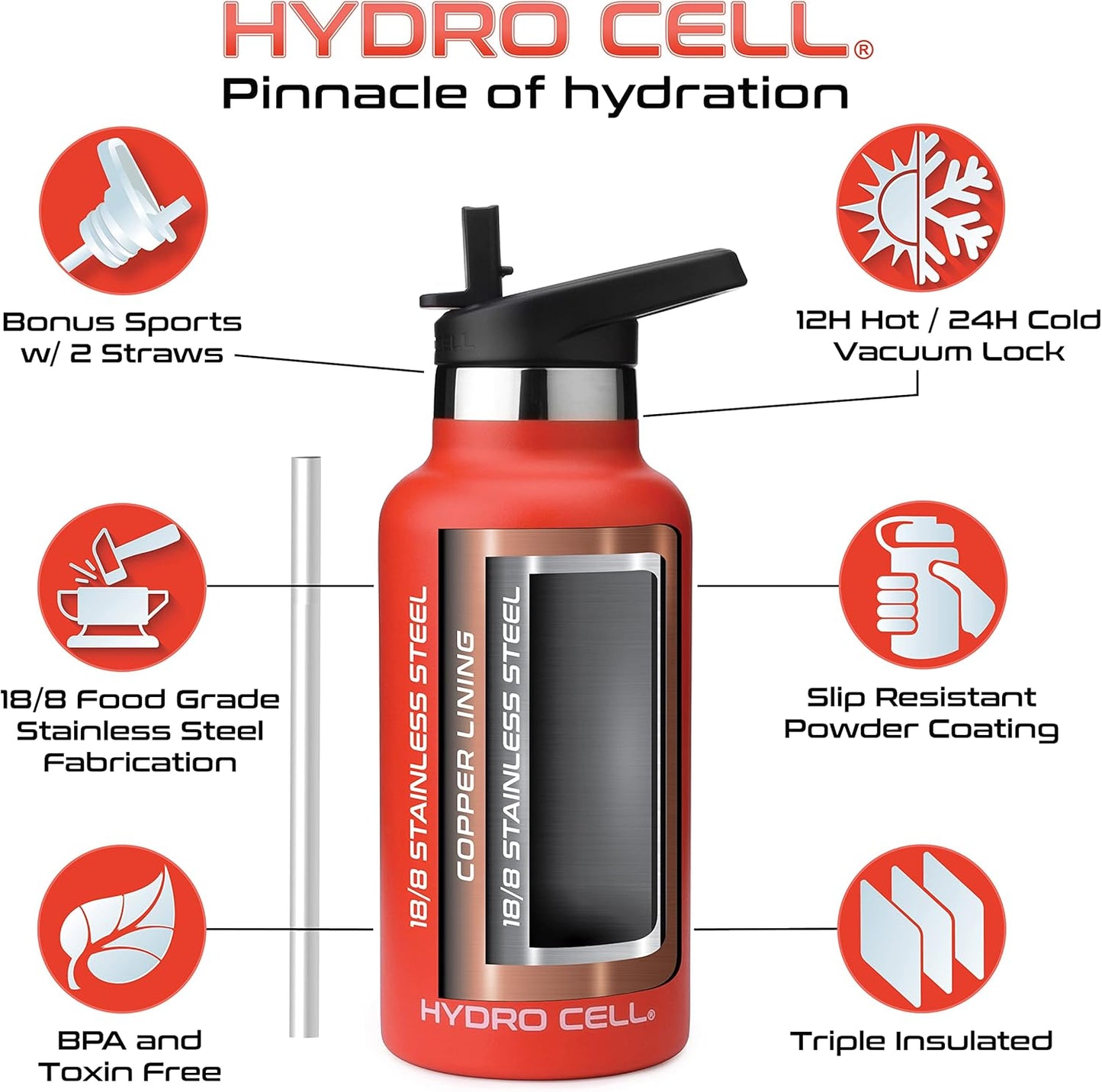 Red 16oz HYDRO CELL Stainless Steel Water Bottle with Straw, 2 Lids, Double Wall Vacuum Insulation - Hot/Cold Leak Proof Sports Design