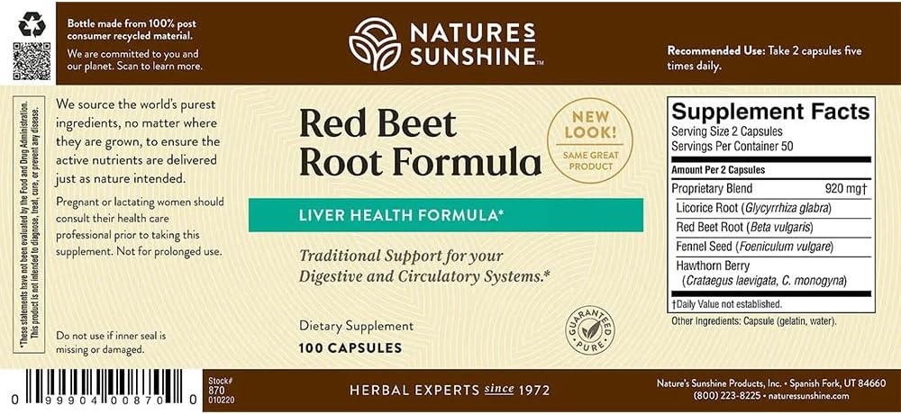 Red Beet Root Formula Capsules - Supports Glandular System, Vital Nutrients for Fasting - 100 Count