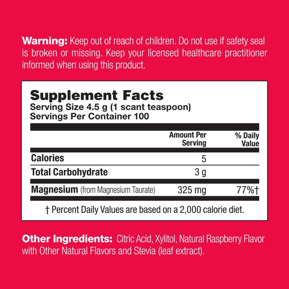 Red Raspberry Magnesium Taurate Powder Heart Health Drink Mix - Vegan, Sugar Free Supplement for Inflammation - 100 Servings
