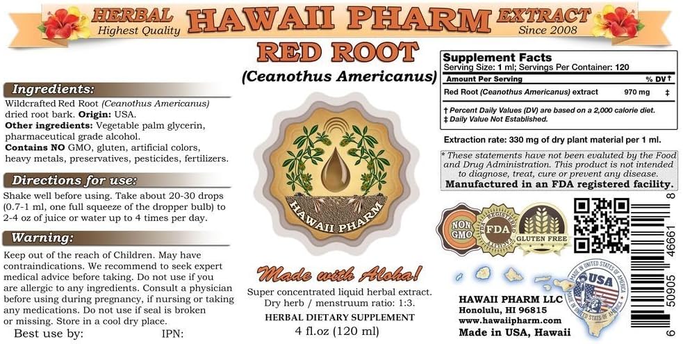 Red Root Liquid Extract Tincture - Herbal Supplement by Hawaii Pharm, 2 fl.oz - Made in USA