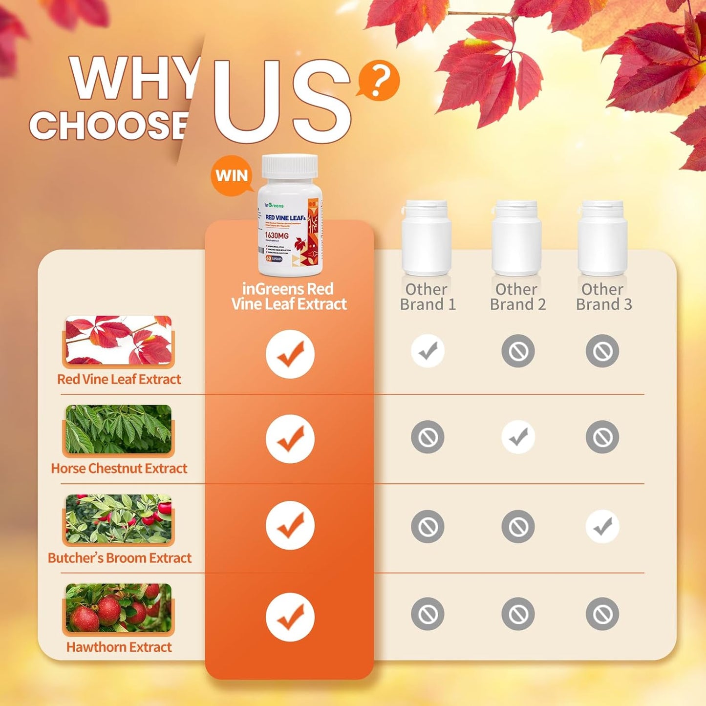 Red Vine Leaf Extract Supplement with Horse Chestnut & Hawthorn for Varicose Veins & Heart Health - 1630mg, 60 Capsules - Made in USA