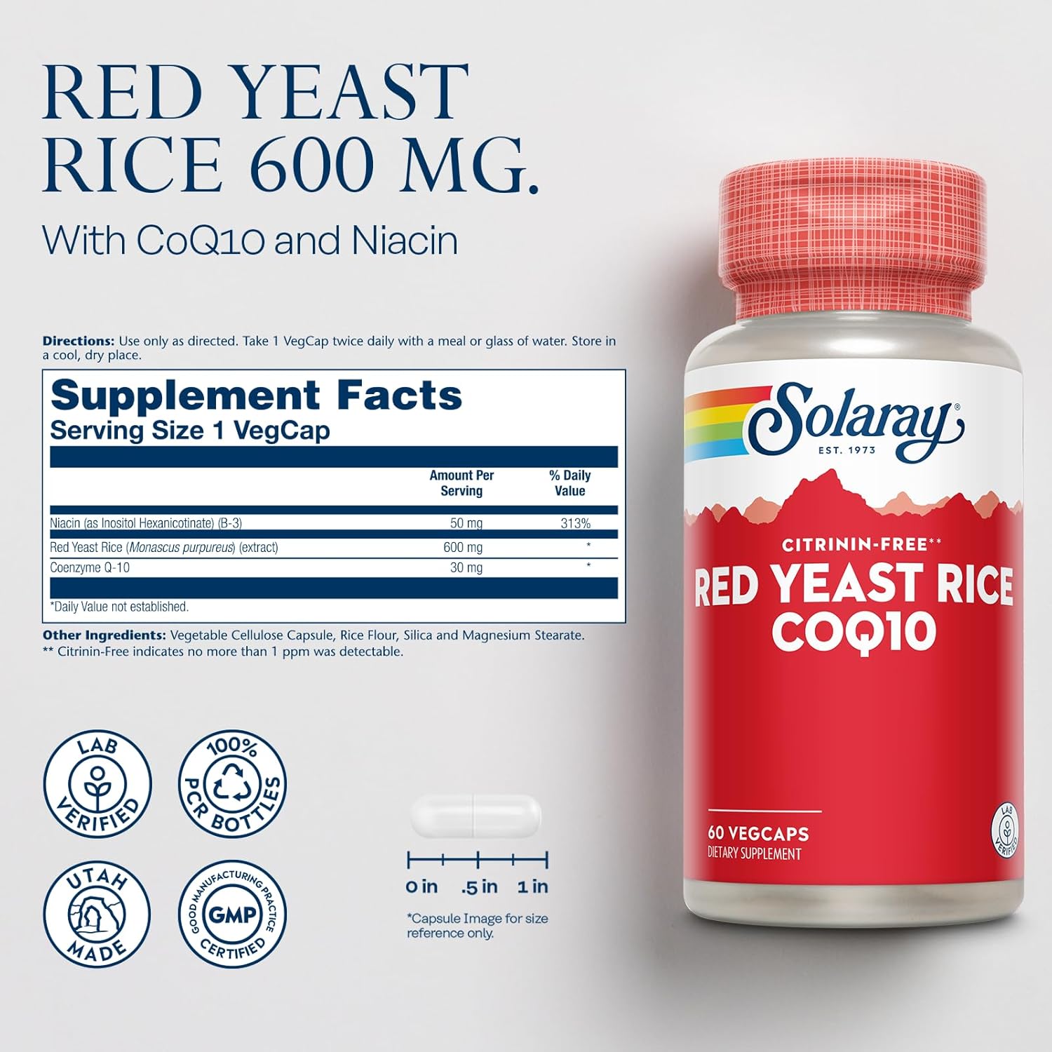 Red Yeast Rice Plus CoQ-10 & No-Flush Niacin B-3 for Heart Health, Non-Irradiated, Citrinin Free - 60 VegCaps, 60 Servings