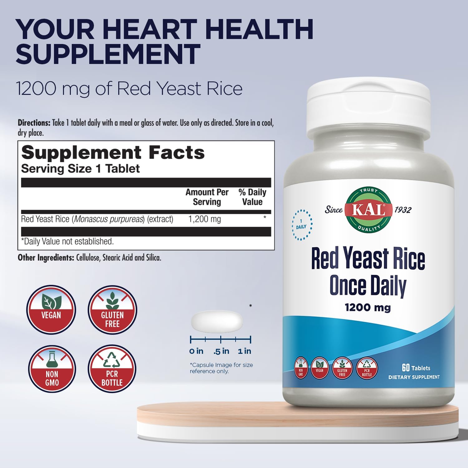 Red Yeast Rice Supplement 1200 Mg - 60 Capsules by KAL
