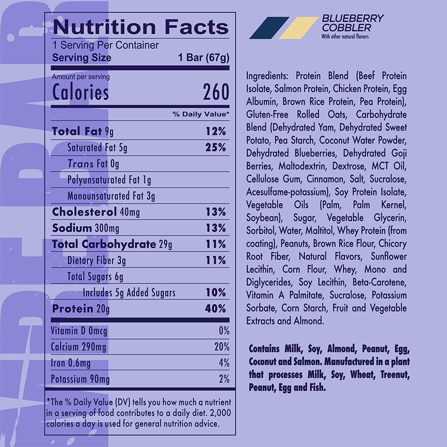 Redcon1 MRE Blueberry Cobbler Protein Bar - 20g Whole Food Protein, MCT Oil, Low Sugar (12 Bars)