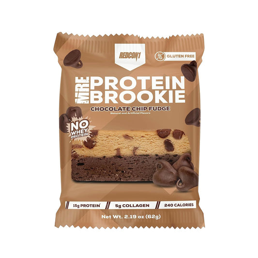 Redcon1 MRE Brookie Protein Bar - Whole Food Snack with 15g Protein, 5g Collagen, No Whey - Chocolate Chip Fudge Flavor (12 Pack)