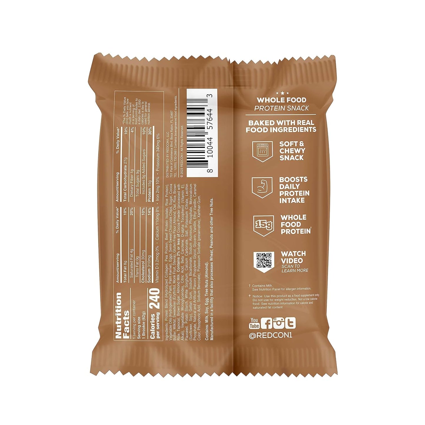 Redcon1 MRE Brookie Protein Bar - Whole Food Snack with 15g Protein, 5g Collagen, No Whey - Chocolate Chip Fudge Flavor (12 Pack)