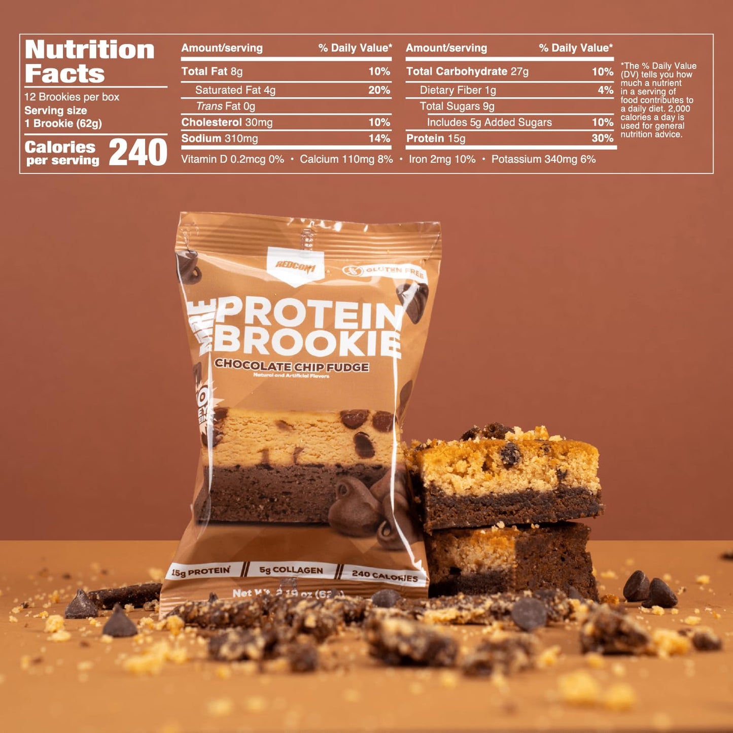 Redcon1 MRE Brookie Protein Bar - Whole Food Snack with 15g Protein, 5g Collagen, No Whey - Chocolate Chip Fudge Flavor (12 Pack)