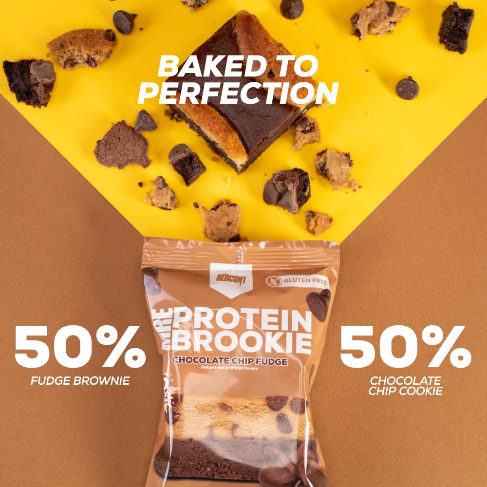 Redcon1 MRE Brookie Protein Bar - Whole Food Snack with 15g Protein, 5g Collagen, No Whey - Chocolate Chip Fudge Flavor (12 Pack)