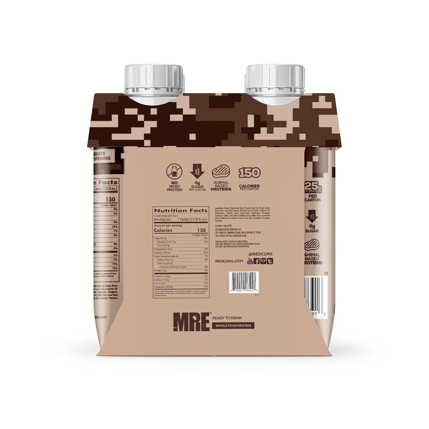 Redcon1 MRE Ready to Drink Protein Shakes, Milk Chocolate Flavor - 4 Pack of Sugar-Free Keto Friendly RTD Shakes with 25g Protein and MCT