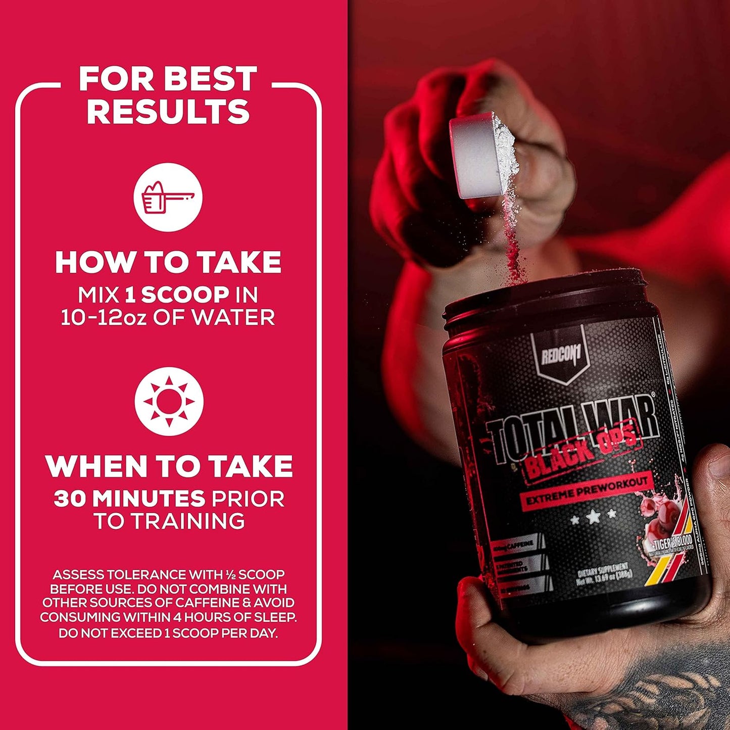 REDCON1 Total War Black Ops Preworkout Powder - Tigers Blood Flavor, High Stimulant with 400mg Caffeine, NO3-T Nitrates, L-Citrulline for Blood Flow and Muscle Pumps - 20 Servings