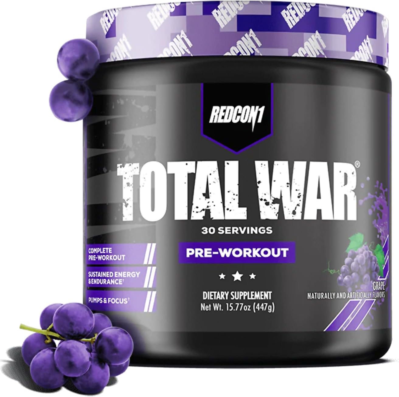 Redcon1 Total War Pre Workout Powder - Grape Flavor with Beta Alanine - Caffeinated Preworkout for Men and Women - Enhanced Pump and Blood Flow - 30 Servings