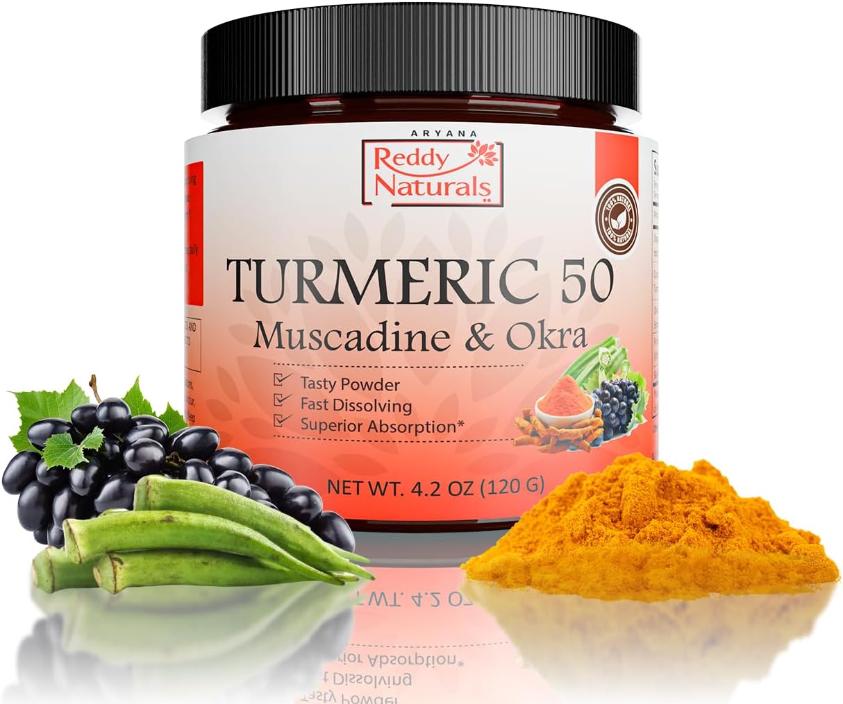 Reddy Naturals Aryana Turmeric 50 Powder Supplement with Muscadine & Okra - Joint & Digestive Health Support - Fast-Dissolving Formula - Non-GMO, Gluten-Free - 4.2 OZ (120 G)