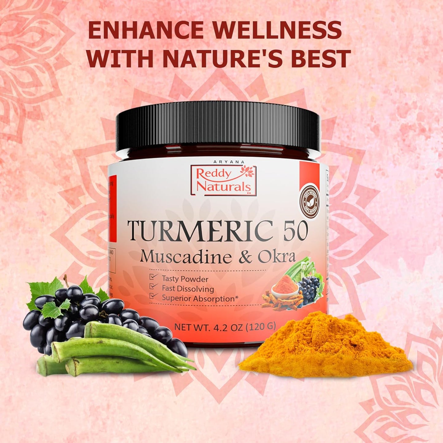 Reddy Naturals Aryana Turmeric 50 Powder Supplement with Muscadine & Okra - Joint & Digestive Health Support - Fast-Dissolving Formula - Non-GMO, Gluten-Free - 4.2 OZ (120 G)