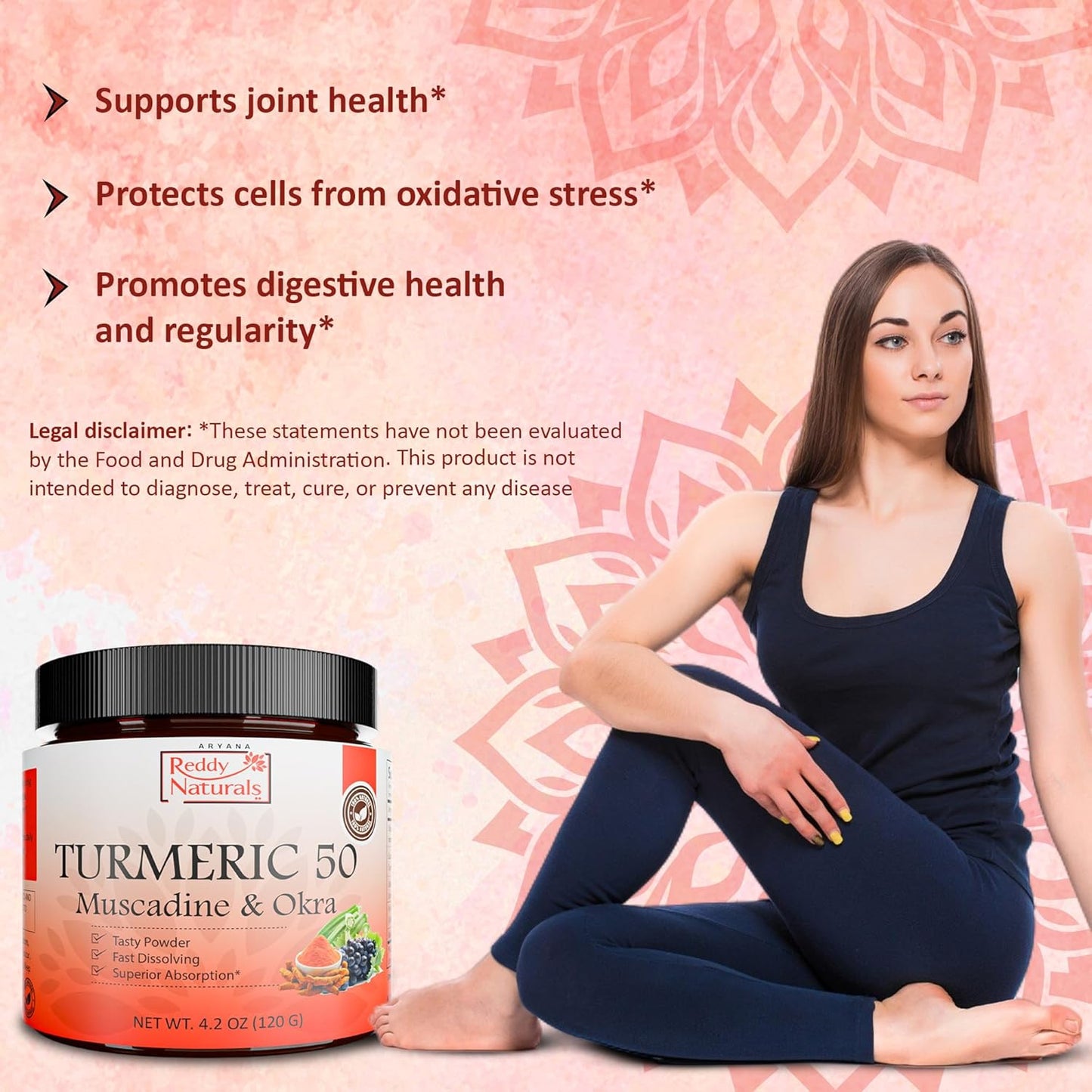 Reddy Naturals Aryana Turmeric 50 Powder Supplement with Muscadine & Okra - Joint & Digestive Health Support - Fast-Dissolving Formula - Non-GMO, Gluten-Free - 4.2 OZ (120 G)