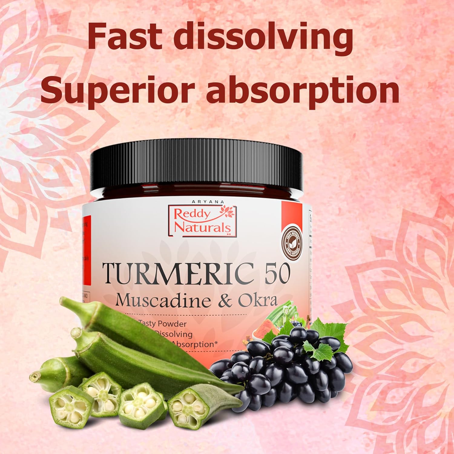 Reddy Naturals Aryana Turmeric 50 Powder Supplement with Muscadine & Okra - Joint & Digestive Health Support - Fast-Dissolving Formula - Non-GMO, Gluten-Free - 4.2 OZ (120 G)