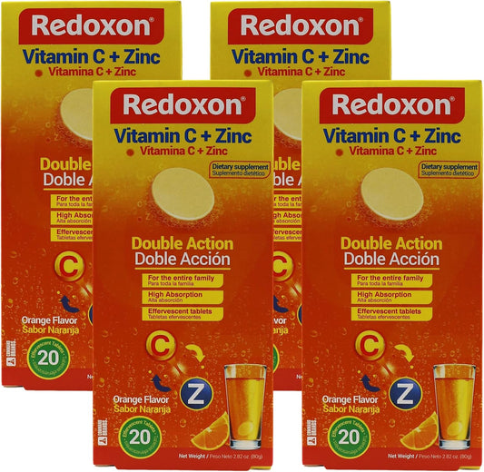 Redoxon Vitamin C + Zinc Effervescent Tablets, Orange Flavor - Immune System Support, 80 Tablets - 11.28 Oz (4-Pack)