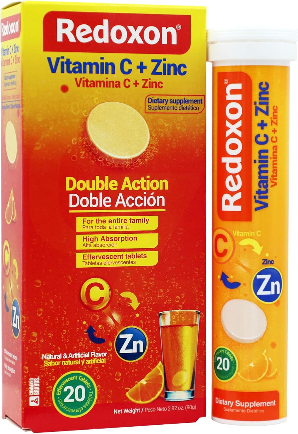 Redoxon Vitamin C + Zinc Effervescent Tablets, Orange Flavor - Immune System Support, 80 Tablets - 11.28 Oz (4-Pack)