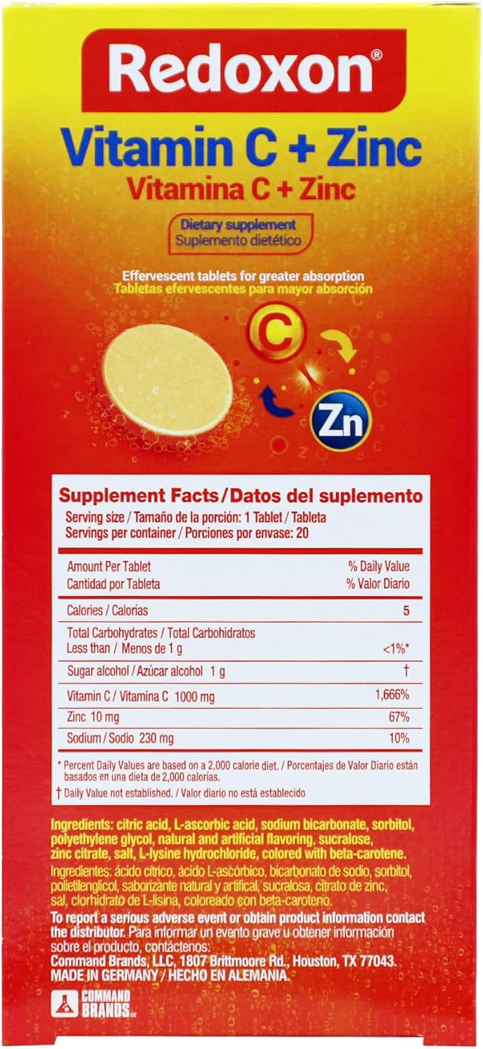 Redoxon Vitamin C + Zinc Effervescent Tablets, Orange Flavor - Immune System Support, 80 Tablets - 11.28 Oz (4-Pack)