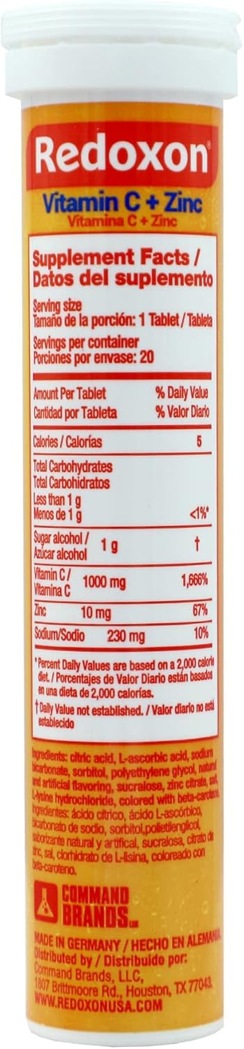 Redoxon Vitamin C + Zinc Effervescent Tablets, Orange Flavor - Immune System Support, 80 Tablets - 11.28 Oz (4-Pack)