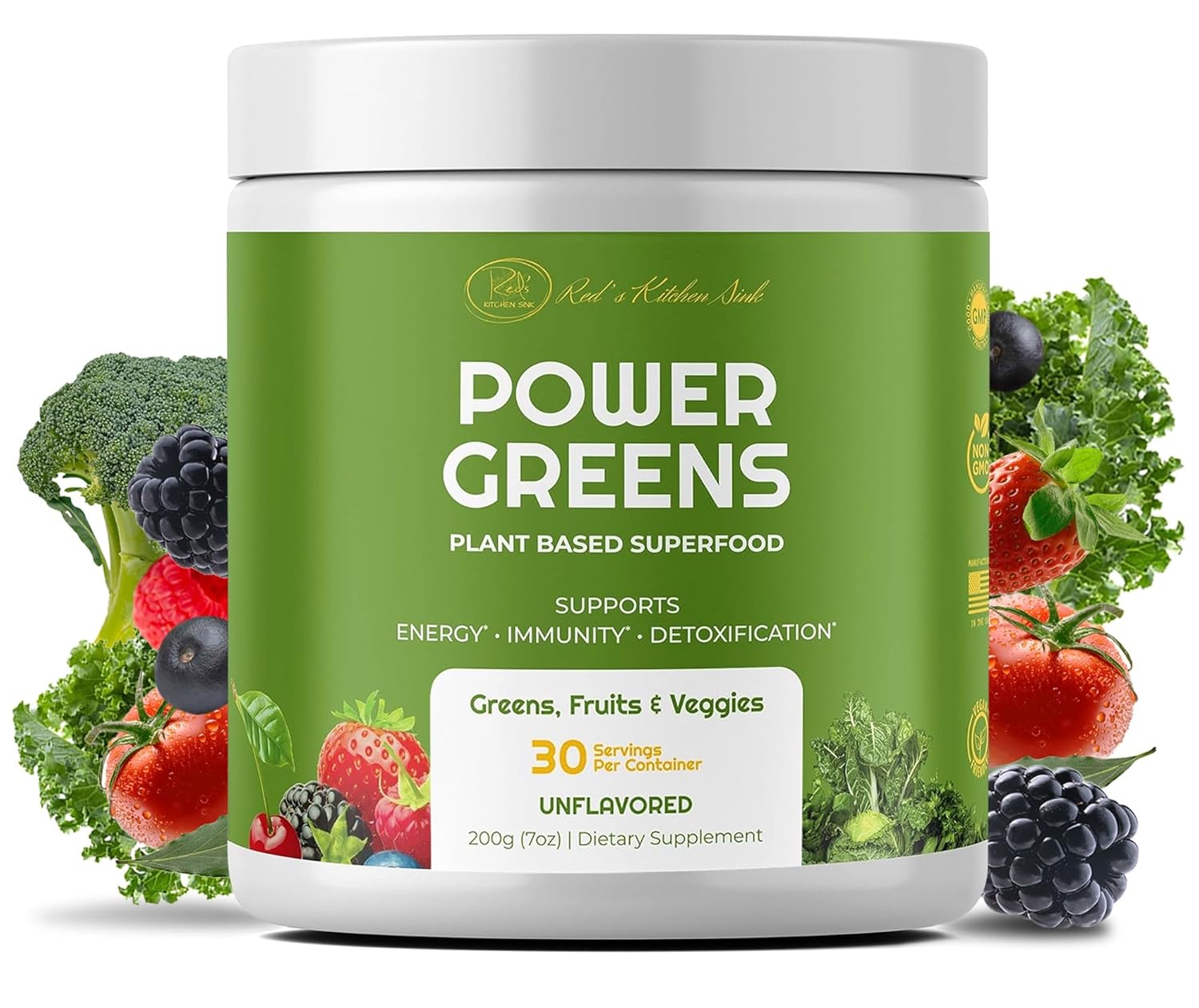 Red's Kitchen Sink Daily Greens Superfood Powder with Maca Root, Spirulina, Chlorella - Fruity, Veggie, & Leafy Greens Mix (200g)