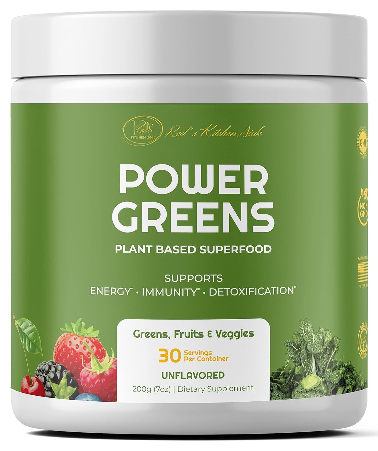 Red's Kitchen Sink Daily Greens Superfood Powder with Maca Root, Spirulina, Chlorella - Fruity, Veggie, & Leafy Greens Mix (200g)