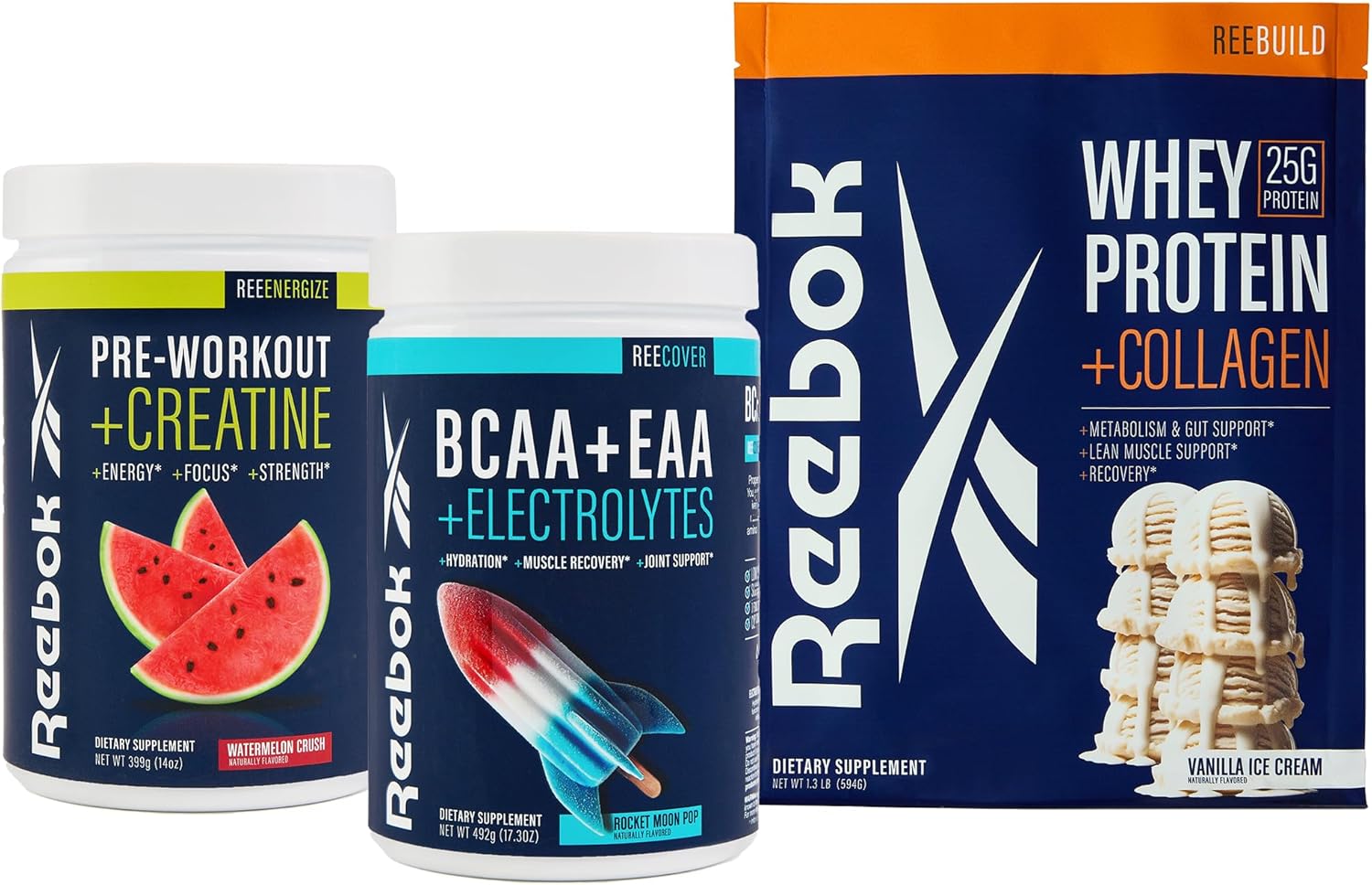 Reebok Complete Athletic Performance System with ReeEnergize Pre-Workout, ReeCover BCAA + EAA, ReeBuild Whey + Collagen