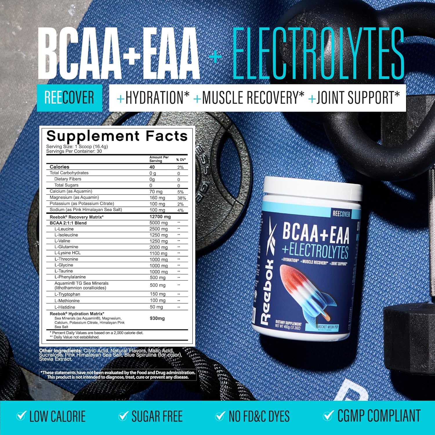 Reebok ReeCover BCAA + EAA + Electrolytes: Muscle Recovery & Strength Support - 30 Servings Rocket Moon Pop Flavor