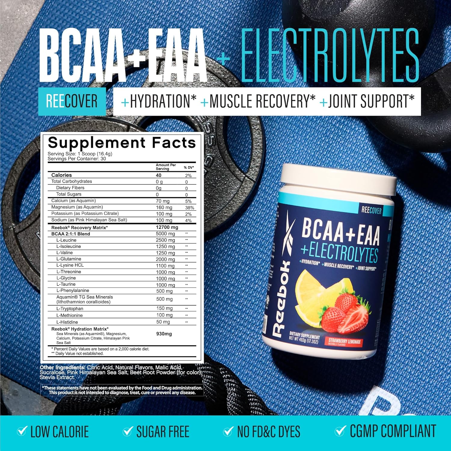Reebok ReeCover Strawberry Lemonade: BCAA, EAA, Electrolytes Blend for Muscle Recovery - 30 Servings