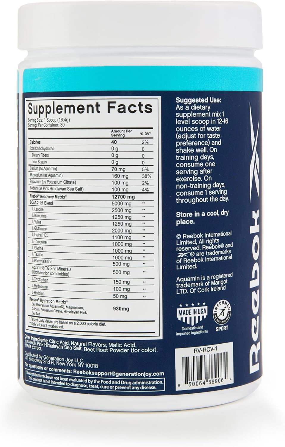 Reebok ReeCover Strawberry Lemonade: BCAA, EAA, Electrolytes Blend for Muscle Recovery - 30 Servings