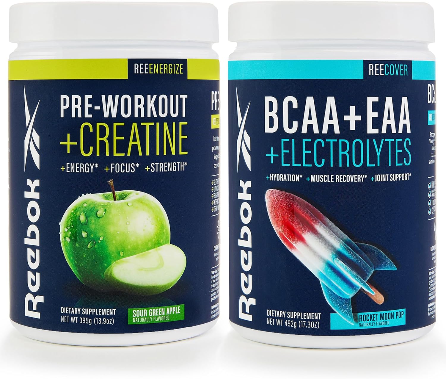 Reebok ReeEnergize & ReeCover Bundle: Pre-Workout + BCAA Pack, Sour Green Apple & Rocket Moon Pop