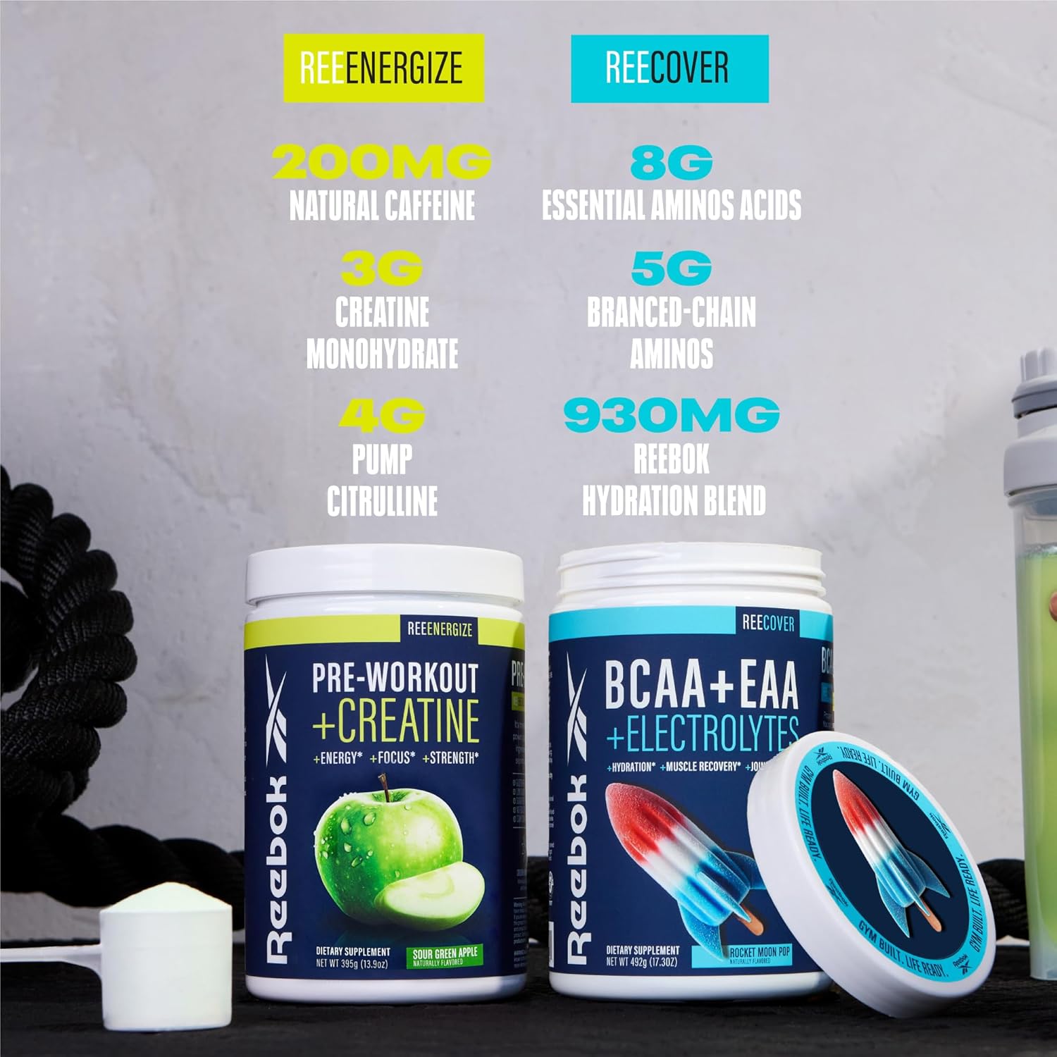 Reebok ReeEnergize & ReeCover Bundle: Pre-Workout + BCAA Pack, Sour Green Apple & Rocket Moon Pop