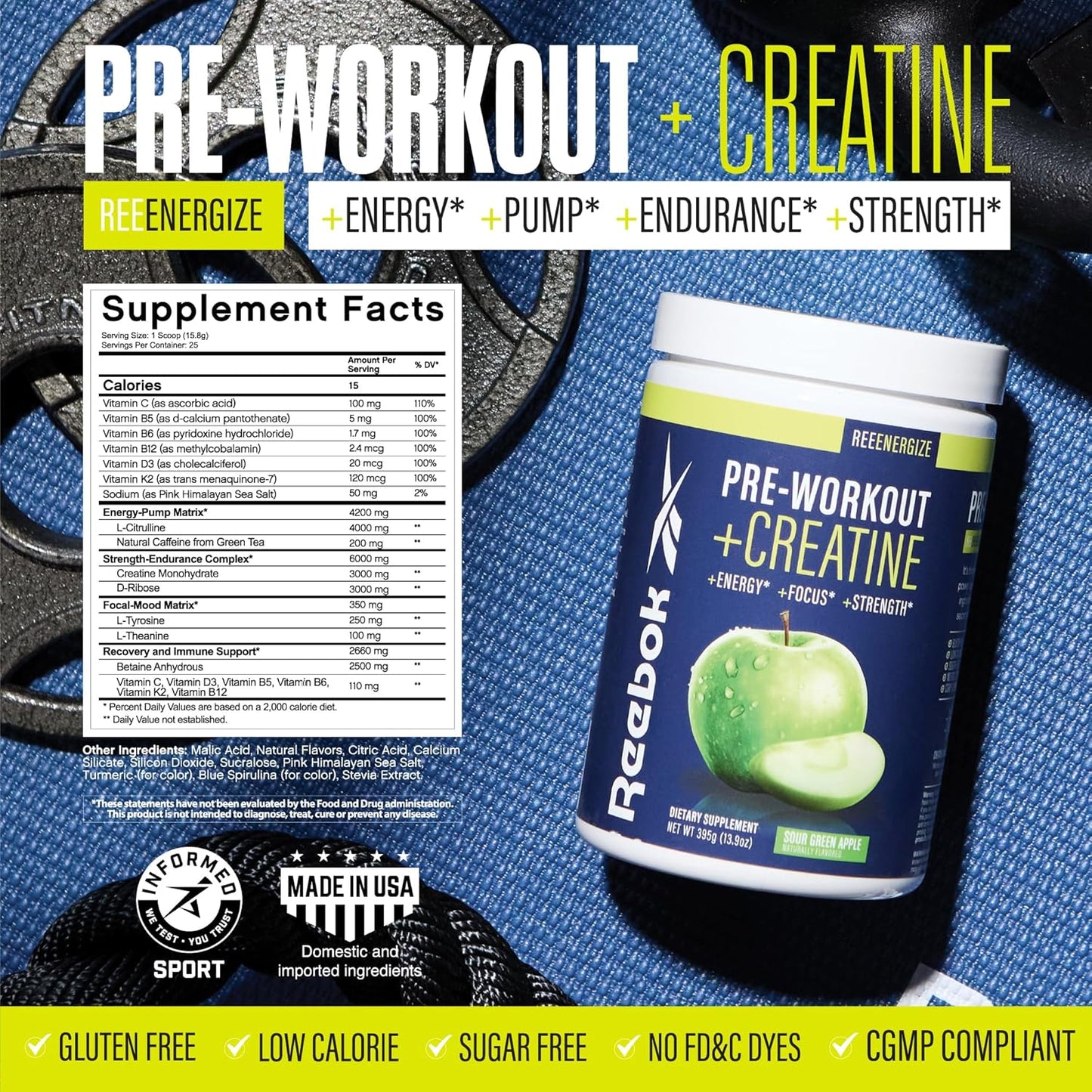 Reebok ReeEnergize & ReeCover Bundle: Pre-Workout + BCAA Pack, Sour Green Apple & Rocket Moon Pop