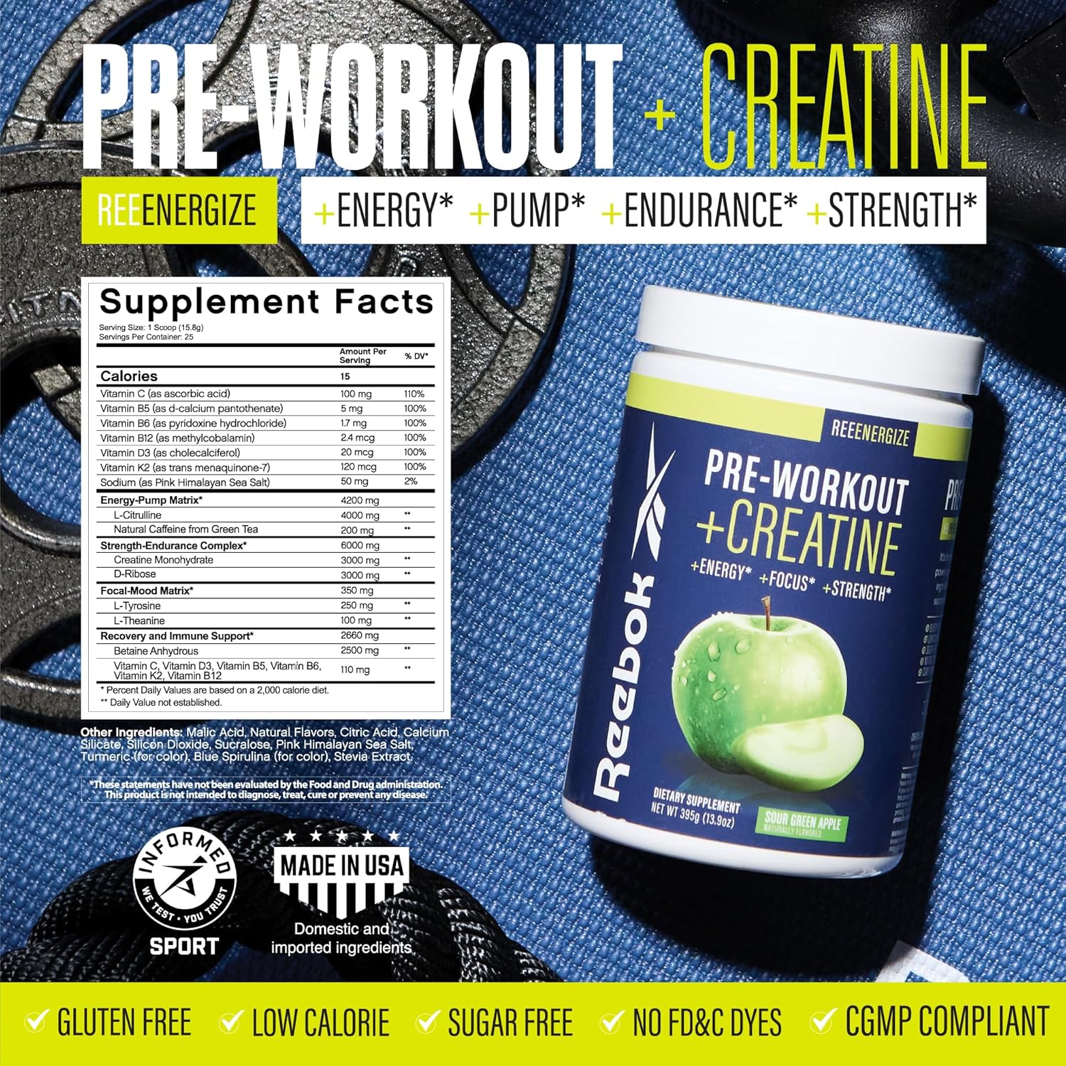 Reebok ReeEnergize & ReeCover Bundle: Pre-Workout + BCAA Pack, Sour Green Apple & Rocket Moon Pop