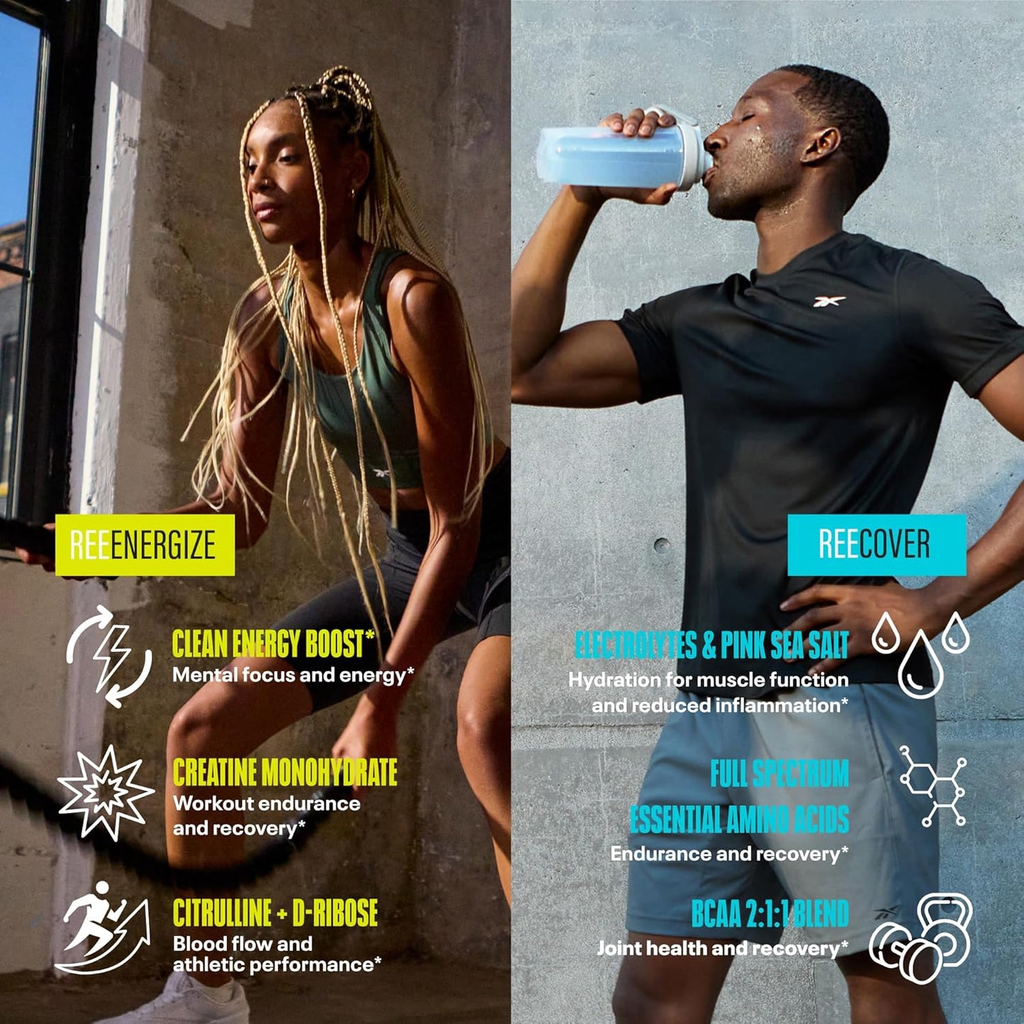 Reebok ReeEnergize & ReeCover Bundle: Pre-Workout + BCAA Pack, Sour Green Apple & Rocket Moon Pop
