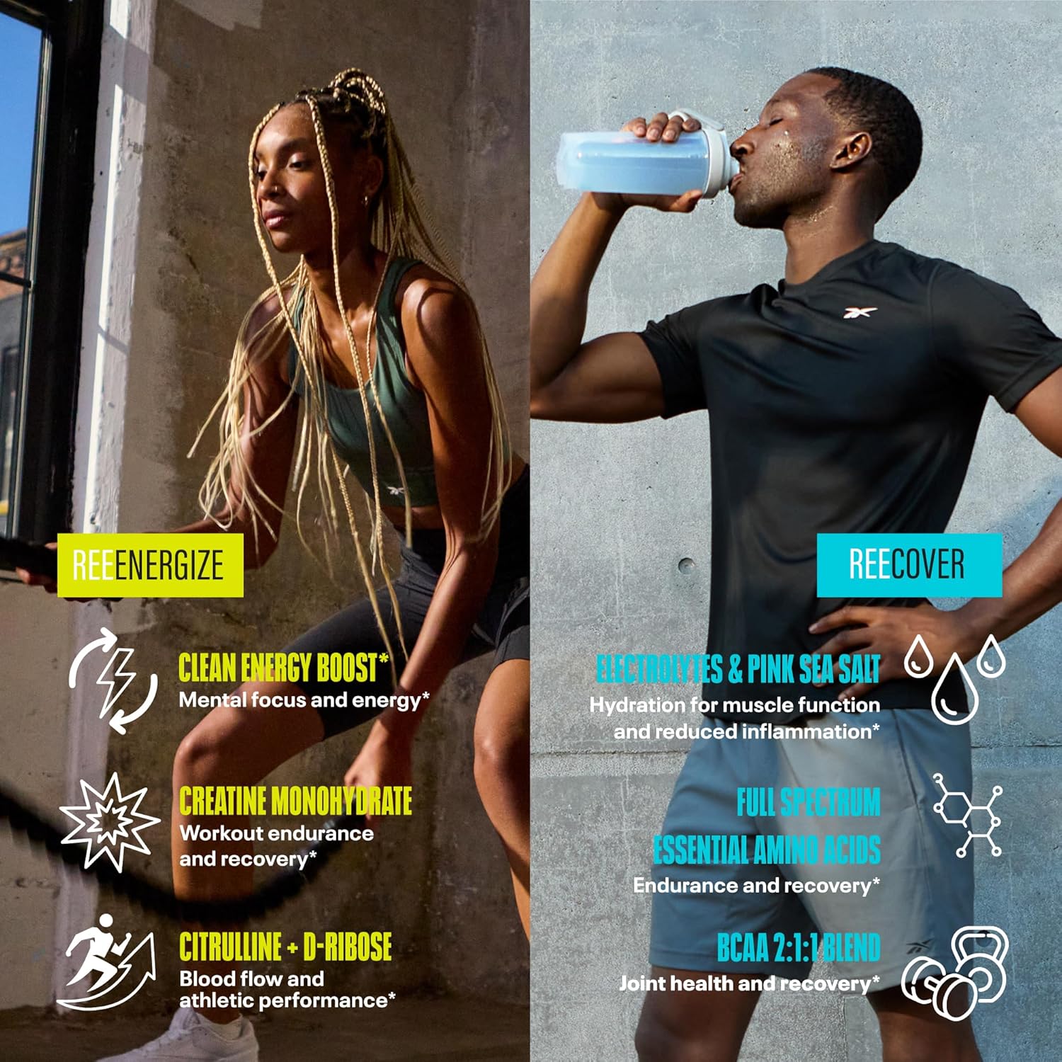 Reebok ReeEnergize & ReeCover Bundle: Pre-Workout + BCAA Pack, Sour Green Apple & Rocket Moon Pop