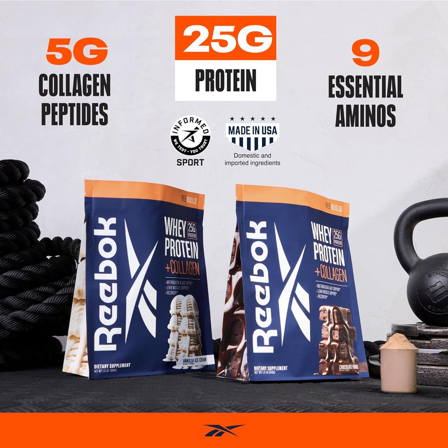 Reebok Whey Protein + Collagen Powder | 25g Protein, 9 Amino Acids | Muscle Growth, Joint Health, Gut Support | Vanilla Ice Cream Flavor