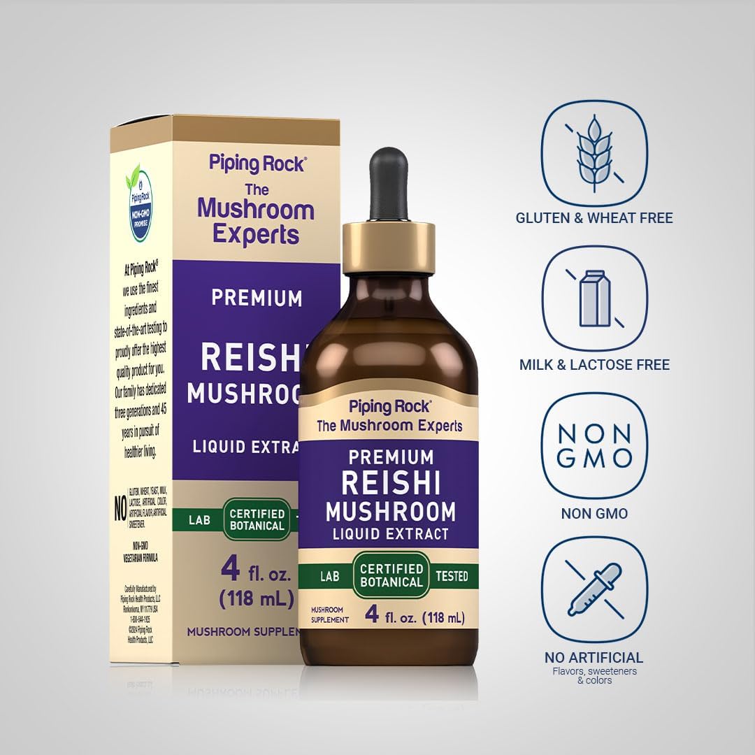 Reishi Mushroom Tincture 4 Fl Oz Liquid Extract | Vegetarian & Alcohol-Free | Non-GMO & Gluten-Free Supplement by Piping Rock
